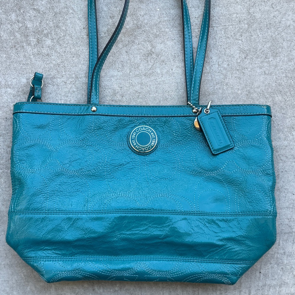 Coach Chelsea Heritage Signature Teal Patent Leather Tote Bag F19198